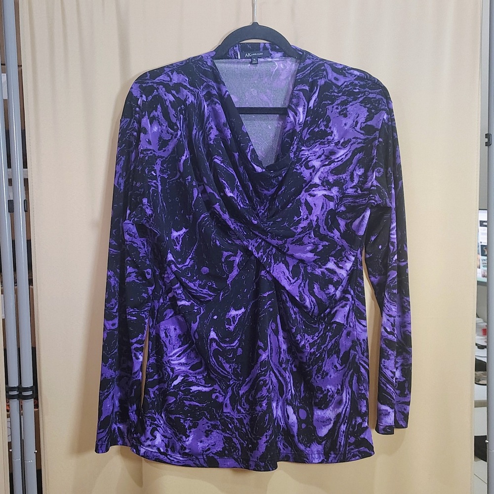 Purple Marble Twist Top Women XL Cowl Neck Long Sleeve Whimsigoth Witchy Stretch